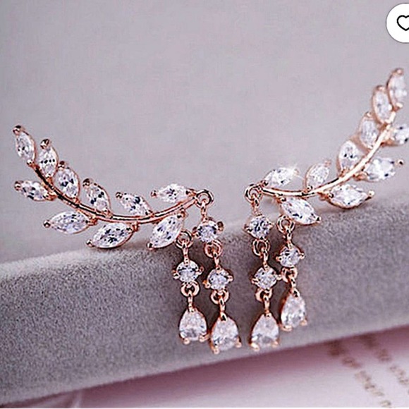Gold Zircon Leaf Tassel Ear Climber Crystal Rhinestone Earrings - Picture 7 of 10